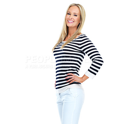 Buy stock photo Happy woman, portrait or fashion clothes on isolated white background for trendy, cool or stylish branding mockup. Smile, happy or model with hands on hips on studio backdrop mock up for advertising