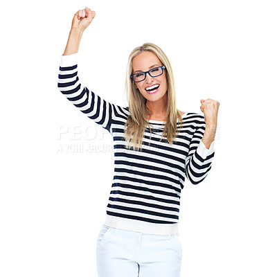 Buy stock photo Happy business woman, portrait and fist on isolated white background in marketing winner and advertising success. Smile, creative or designer and celebration hand gesture on mock up studio backdrop