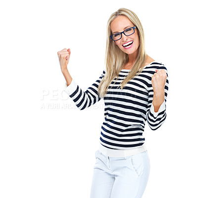 Buy stock photo Woman, studio portrait and celebration with fist hand, beauty or style by white background. Isolated model, happy with celebrate with glasses, fashion or excited with smile, lifestyle or edgy clothes