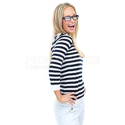 Buy stock photo Woman, portrait or glasses wink on isolated white background in motivation, growth or success mindset. Smile, happy model or playful facial expression in fun, comic or emoji on mockup studio backdrop