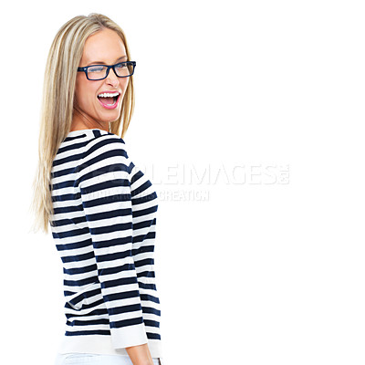 Buy stock photo Woman, studio and glasses for winking, smile and funny face with happiness by white background. Isolated model, happy and flirt with fashion, confidence or beauty with motivation for trendy lifestyle
