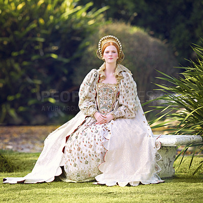 Buy stock photo Portrait of a noble woman sitting outdoors on palace grounds