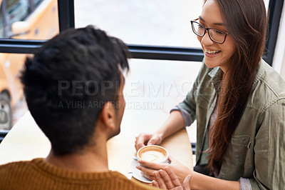 Buy stock photo Coffee shop, happy and couple with drink talking, in conversation and chatting for bonding and love. Relax, date and man and woman with caffeine, cappuccino and beverage in restaurant, cafe and store