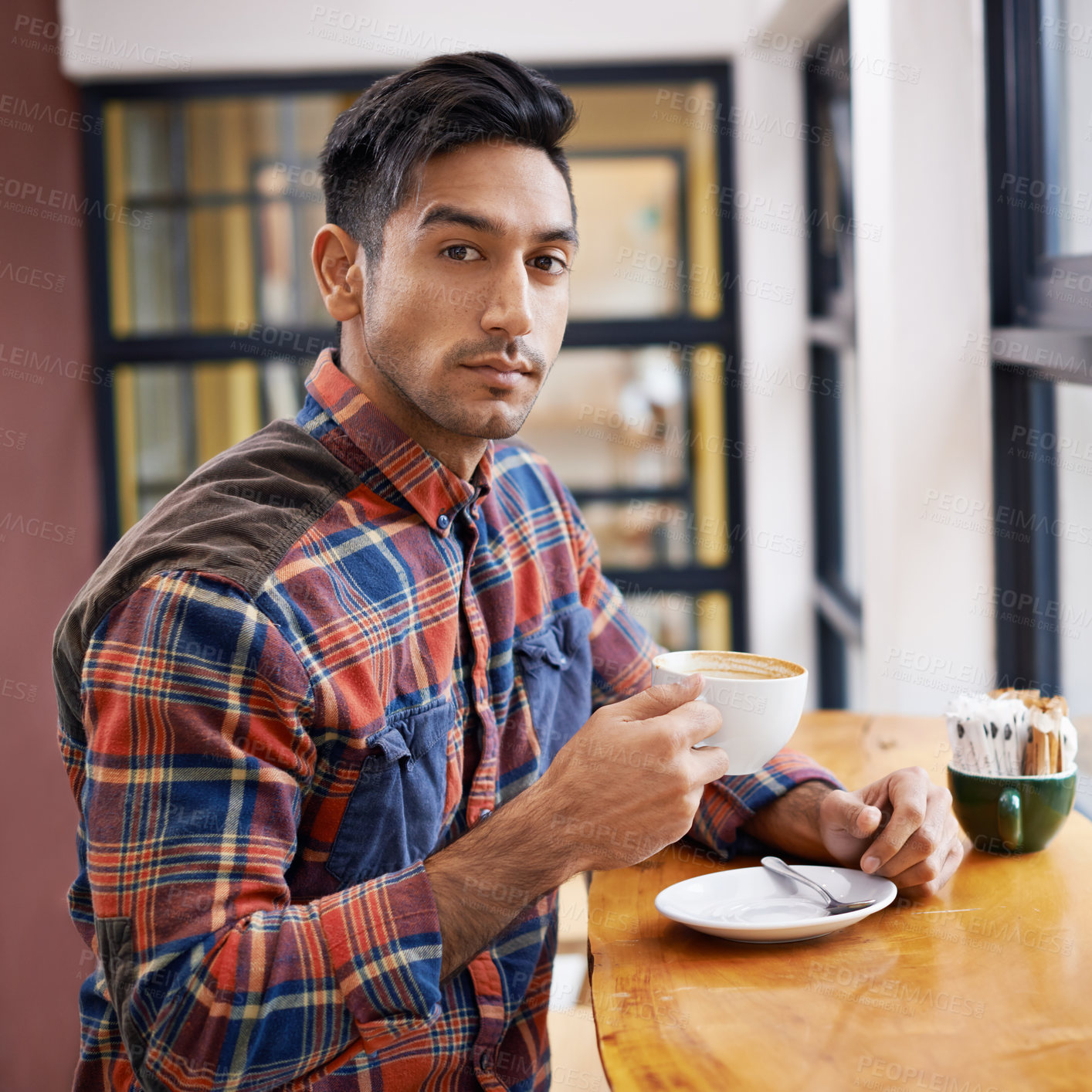 Buy stock photo Man, portrait and cafe with coffee for morning, beverage or drink at indoor restaurant. Young and handsome male person with cup of tea, caffeine or cappuccino for breakfast, energy or start at shop