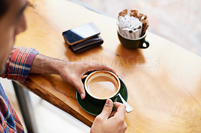 Buy stock photo Man, hands and coffee with breakfast for morning beverage or caffeine at indoor restaurant. Closeup of male person with drink, mug or cup of latte, cappuccino or espresso on desk or table at cafe