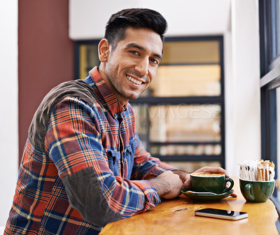 Buy stock photo Happy man, portrait and coffee at cafe for morning, breakfast or drink at indoor restaurant. Young male person or freelancer with smile for latte, customer service or cappuccino at cafeteria or shop
