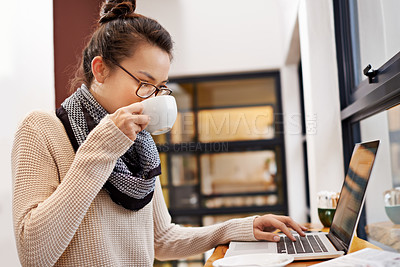 Buy stock photo Remote work, woman drinking coffee and laptop for freelance writer at cafe store. Social media or networking, reading emails and female student or content creator on mobile device in restaurant 