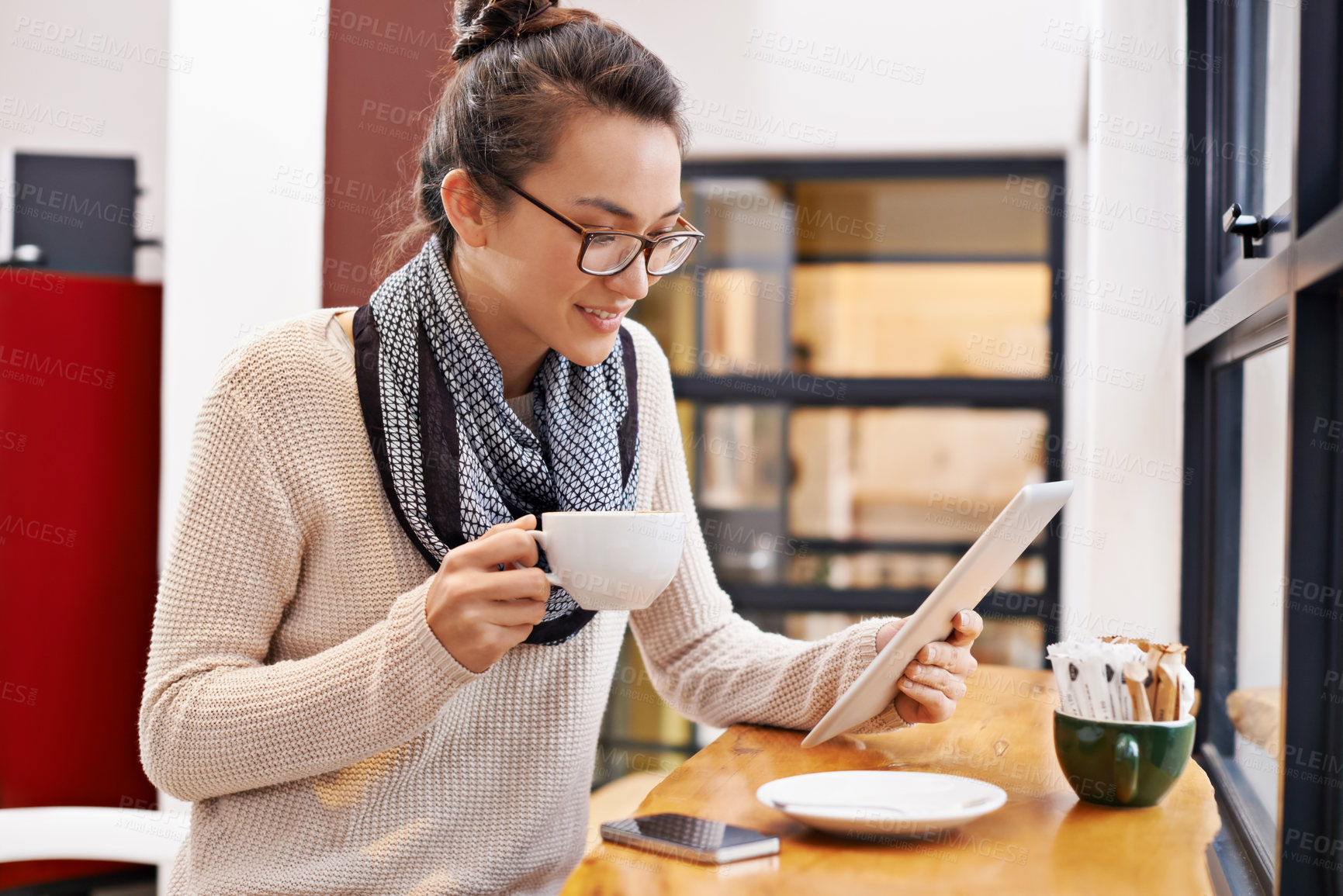 Buy stock photo Woman, coffee shop and tablet with freelancer job and social media in cafe with cappuccino. Website, hot drink and internet with digital blog writer and technology at restaurant with tea and reading