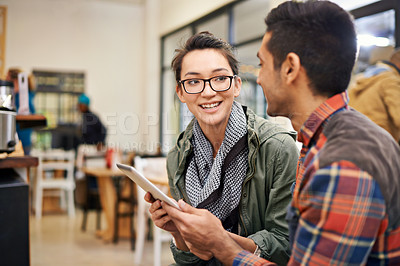 Buy stock photo Love, smile and couple with a tablet, cafe and talking with connection, social media and share ideas. Partners, man or woman with happiness, coffee shop or technology for online reading or search web