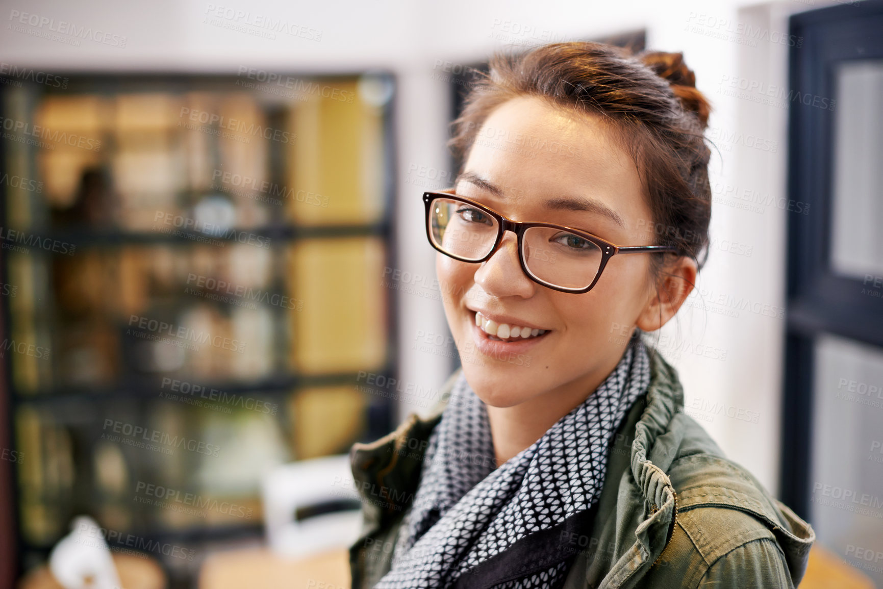 Buy stock photo Happy woman, portrait and creative with glasses for career ambition or confidence at the office. Face of smart female person, employee or designer with smile for startup, mindset or positive attitude