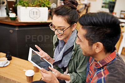 Buy stock photo Coffee shop, discussion and business people on tablet for conversation, talking or planning for remote work. Meeting, teamwork and people on computer for internet, research and website in restaurant