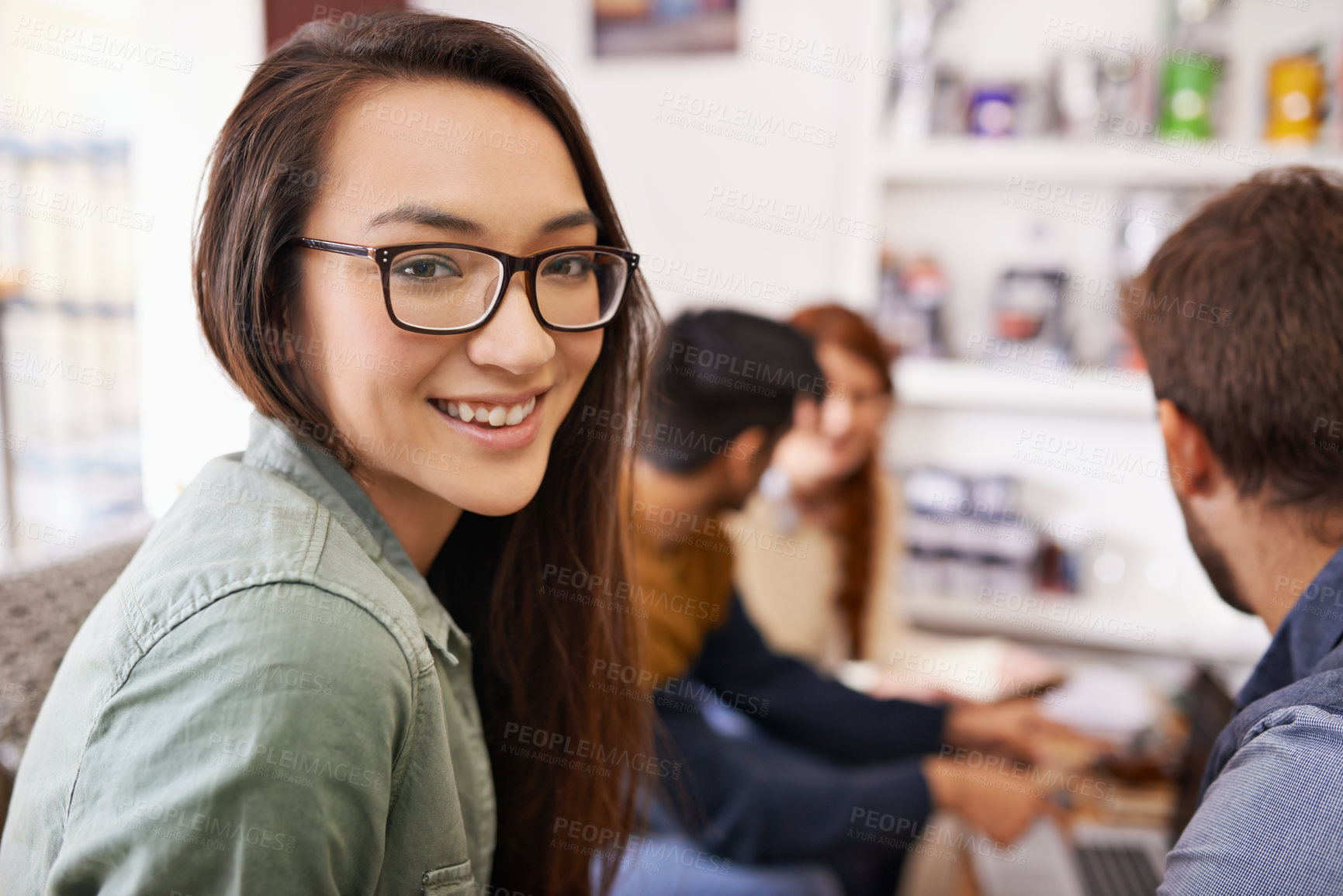 Buy stock photo Woman, portrait and work break room in a office with workplace, smile and happy with coworkers. Staff, worker and relax creative team at the company coffee shop with entrepreneur and conversation