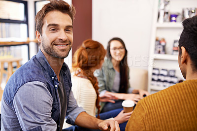 Buy stock photo Business people, meeting and portrait of man in cafe for planning, discussion and conversation for ideas. Teamwork, startup and men and women brainstorming, chat and collaboration in coffee shop