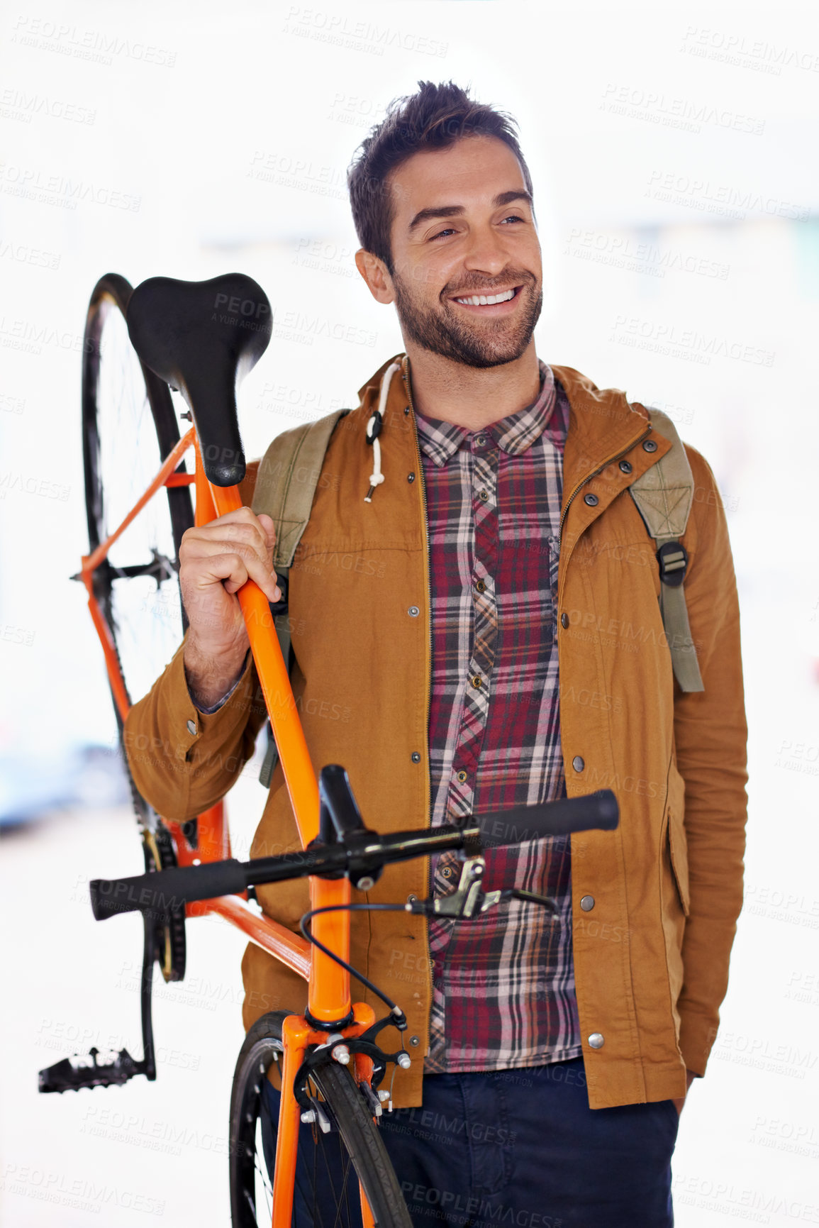 Buy stock photo Man, happy and bike for travel with transportation, carbon footprint and sustainable commute for environment. Bicycle for eco friendly journey, cycling and smile with rider, workout and wellness