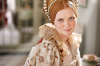 Buy stock photo Shot of an elegant noble woman in her palace room