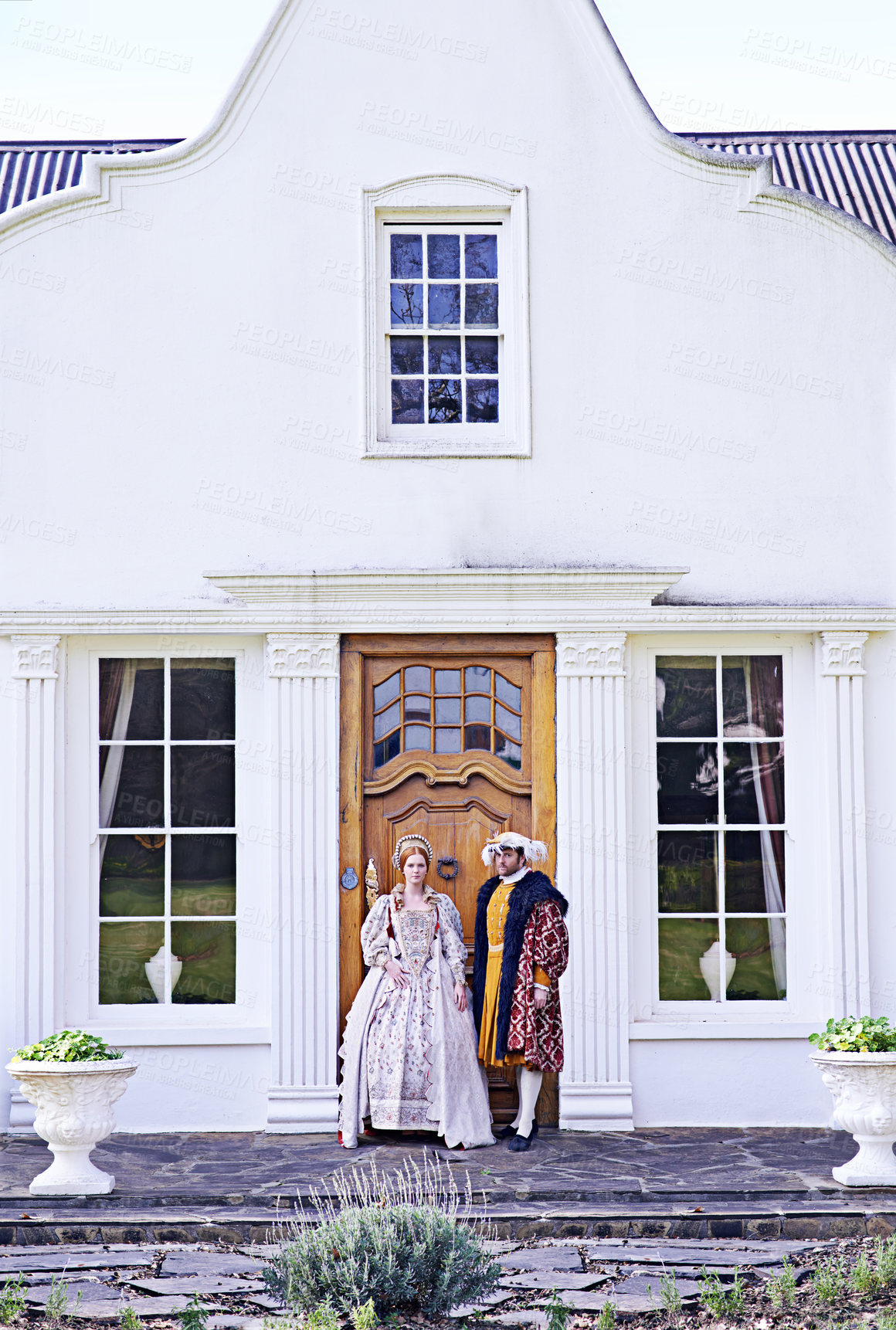 Buy stock photo King, renaissance couple and home with Victorian architecture, man and door outdoor with wealth. Real estate, ruler and history with royalty and historical manor with a house and monarch marriage