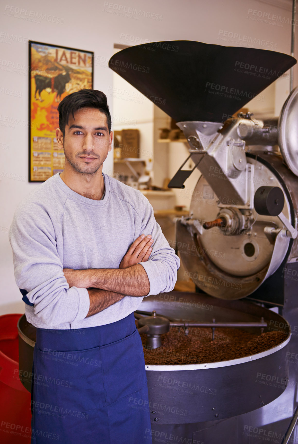 Buy stock photo Coffee, roasting and portrait of man with confidence in small business, process and quality control. Entrepreneur, barista or roaster with beans at espresso cafe, sustainable startup and arms crossed