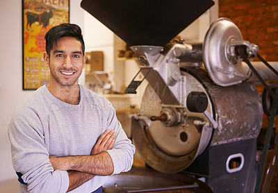 Buy stock photo Coffee, roast and portrait of man with confidence in small business, process and quality control. Entrepreneur, barista or roaster with beans at espresso cafe, sustainable startup and arms crossed