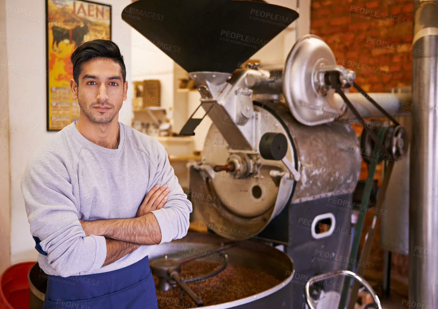 Buy stock photo Coffee beans, roasting and portrait of man with confidence in small business, process and quality control. Entrepreneur, barista or roaster at espresso cafe, sustainable startup and arms crossed