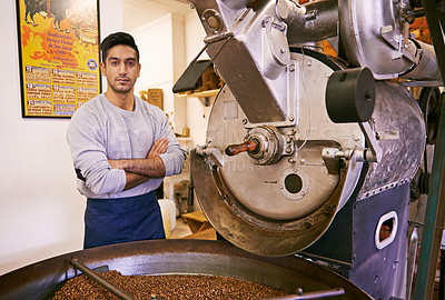 Buy stock photo Coffee, roasting and portrait of barista with confidence in small business, process or quality control. Entrepreneur, man and machine with beans at espresso cafe, sustainable startup and arms crossed