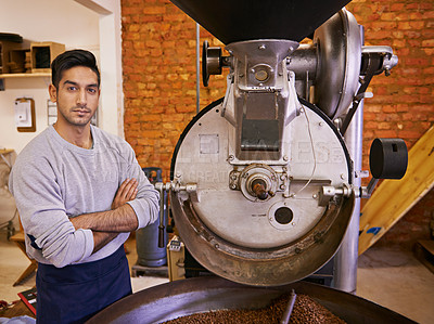 Buy stock photo Coffee, small business and portrait of man with roasting machine for blending, production and quality control. Entrepreneur, barista and arms crossed with beans, sustainable cafe and espresso process