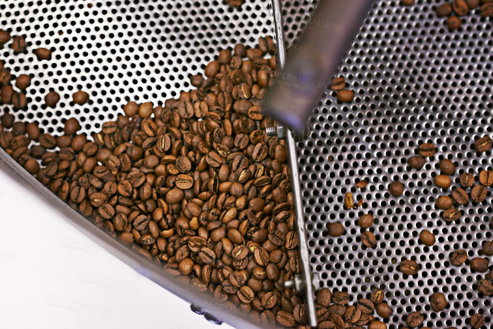 Buy stock photo Coffee beans, machine and industry in factory for roast, grinding or product for flavor, export or quality assurance. Plant, metal container and manufacturing for organic caffeine with sustainability