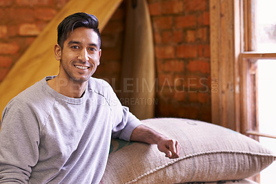 Buy stock photo Man, factory and portrait with bag for coffee beans, quality assurance or pride with product for export. Entrepreneur, caffeine and trading with organic process, manufacturing or storage for stock