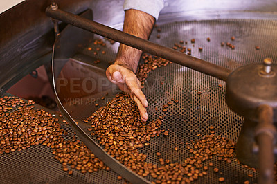Buy stock photo Coffee beans, machine and hands in industry for roast, grinding or production for flavor, export or quality assurance. Person, factory and manufacturing for caffeine with organic stock for ecology