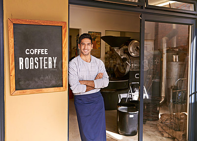 Buy stock photo Barista, coffee shop and man in portrait for small business, owner with arms crossed and smile for service. Entrepreneur, cafe and drink store with hospitality, professional and server in industry
