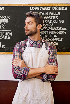 Buy stock photo Man, waiter and chalkboard in a coffee shop with arms crossed for ideas, vision or service with menu. Barista, person or small business owner by a blackboard in cafe for catering with list in Italy