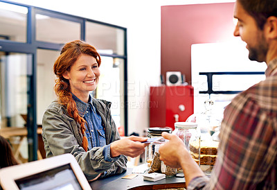 Buy stock photo Woman, customer and credit card at a coffee shop for payment with a smile at restaurant. Female person, happiness and machine scan to pay and buy at a cafe with male store assistant and barista 