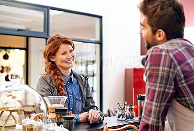 Buy stock photo Woman, customer and waiter in a cafe, counter and decision for order, drink and smile in morning. People, man and service in a coffee shop with choice, happy and conversation at restaurant in Italy