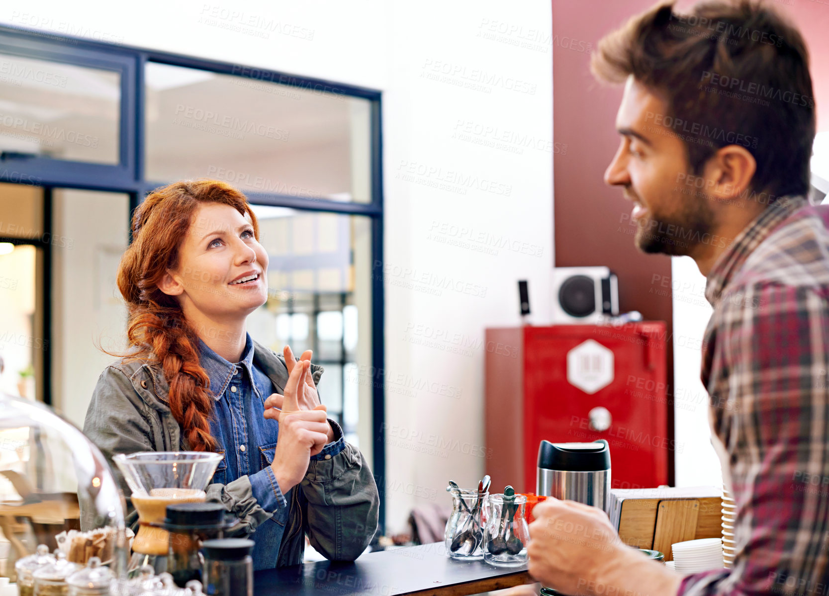 Buy stock photo Woman, customer service and waiter in a cafe, counter and decision with ideas, drink and smile in morning. People, man and order in a coffee shop with choice, happy and chat at restaurant in Italy