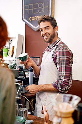 Buy stock photo Happy man, barista and talking to customer in coffee shop with cup for order, service and catering. Person, client or patron in cafe for drink, tea or espresso with smile, chat and helping in Italy