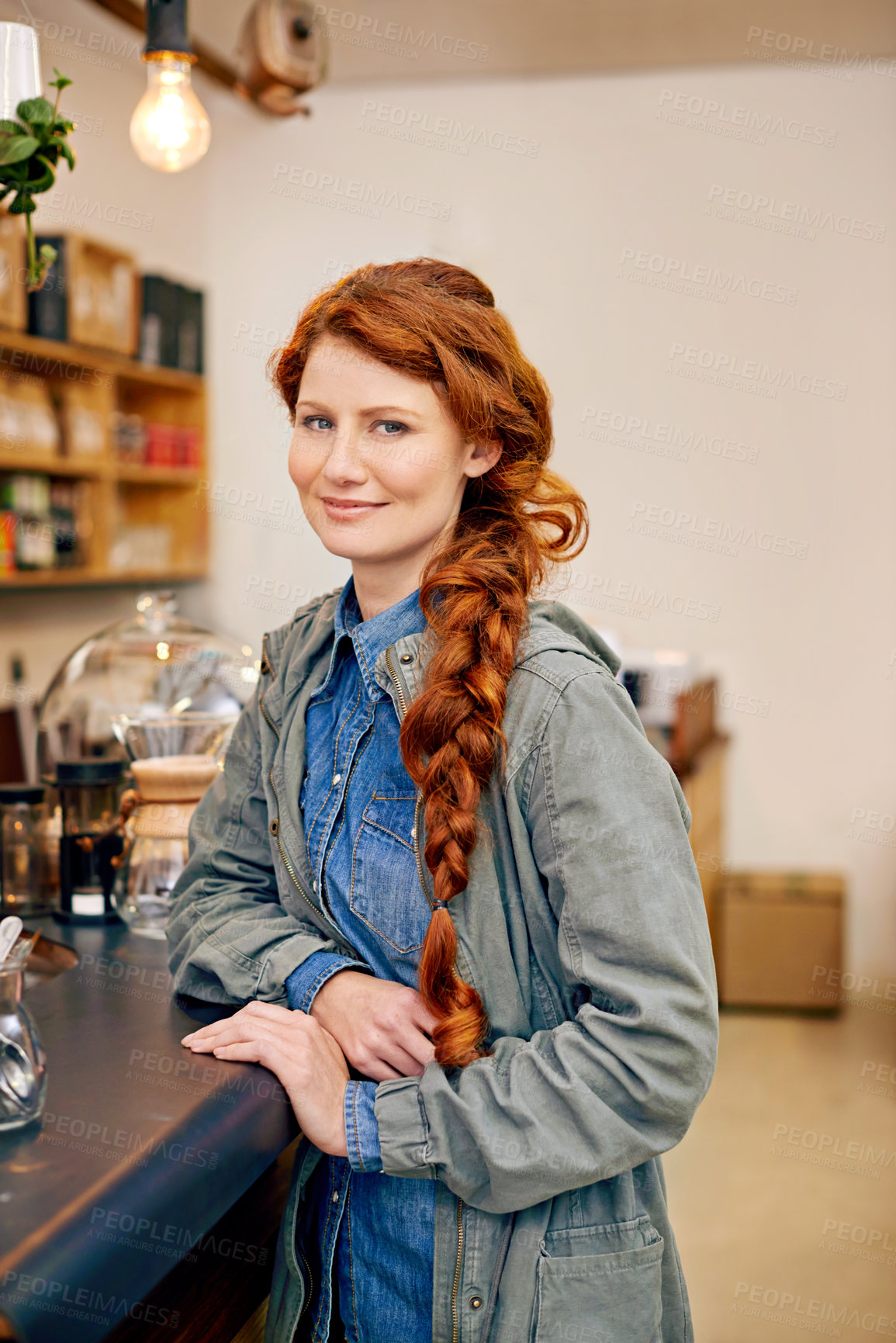 Buy stock photo Happy woman, coffee shop and portrait by counter for checkout, drink and customer to buy a espresso. Young, redhead and smile for relax in cafe, relax and thirsty consumer for warm beverage on break