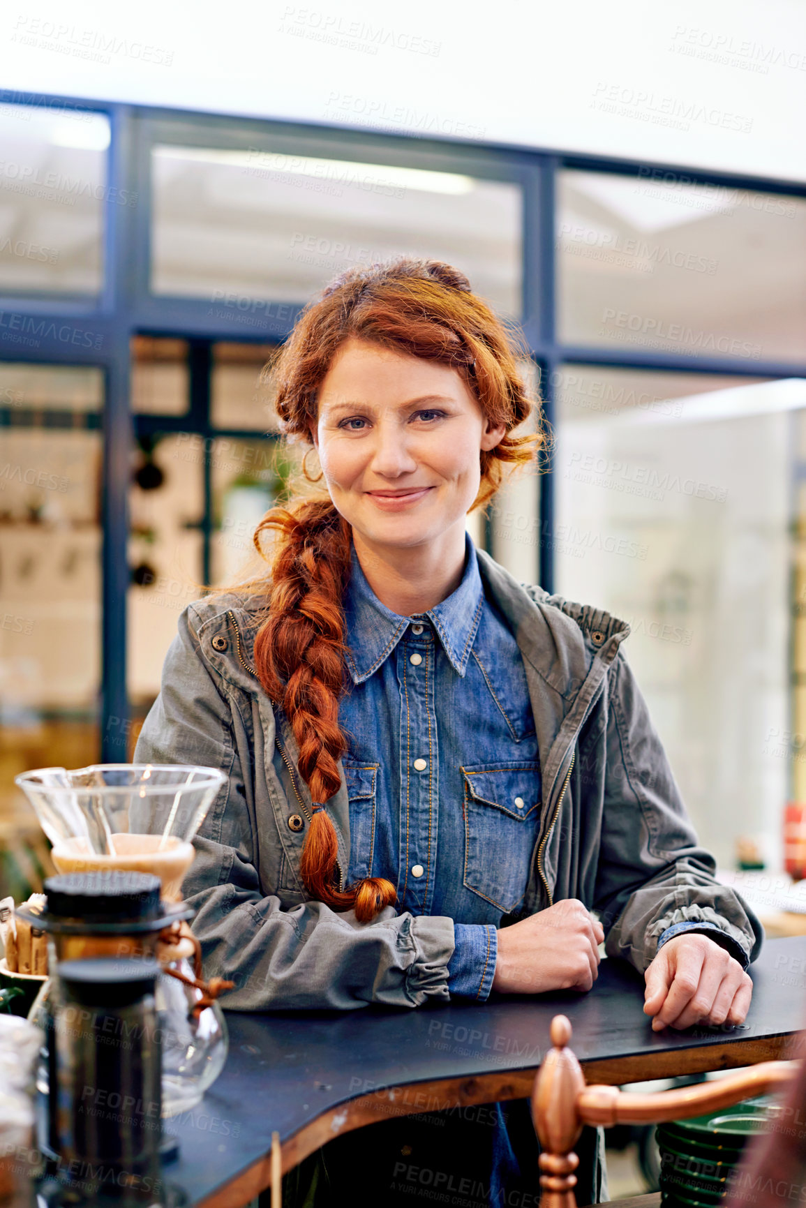 Buy stock photo Woman, portrait and smile in morning at a coffee shop for drink, relax and order at diner for latte. Girl, person or customer in a cafeteria, restaurant or store for cappuccino, espresso or beverage