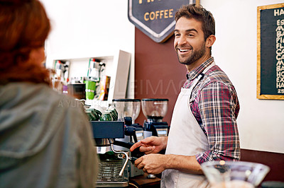 Buy stock photo Shot of a young woman ordering coffee in a cafe
