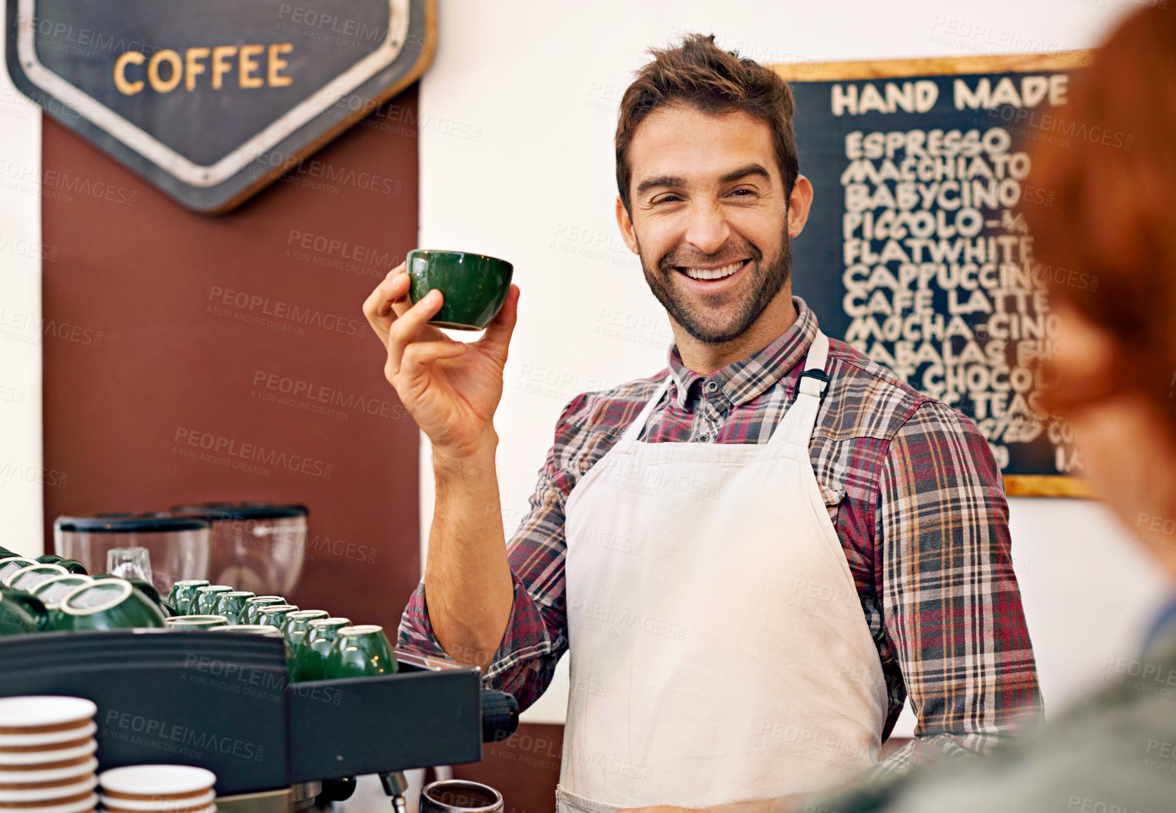 Buy stock photo Happy man, barista and espresso for customer in coffee shop with cup for order, service and catering. Person, client or waiter in cafe for drink, tea and choice with smile, chat and helping in Italy
