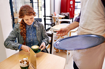Buy stock photo Woman, coffee shop and waiter with drink at table, smile and service for catering in morning with kindness. People, girl and barista with tea cup, latte and happy for breakfast in cafeteria in Italy