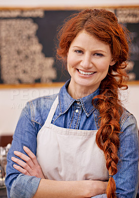 Buy stock photo Barista, woman and arms crossed in portrait at coffee shop with smile, pride and entrepreneurship. Person, waitress or small business owner at cafeteria with confidence for service, catering or job