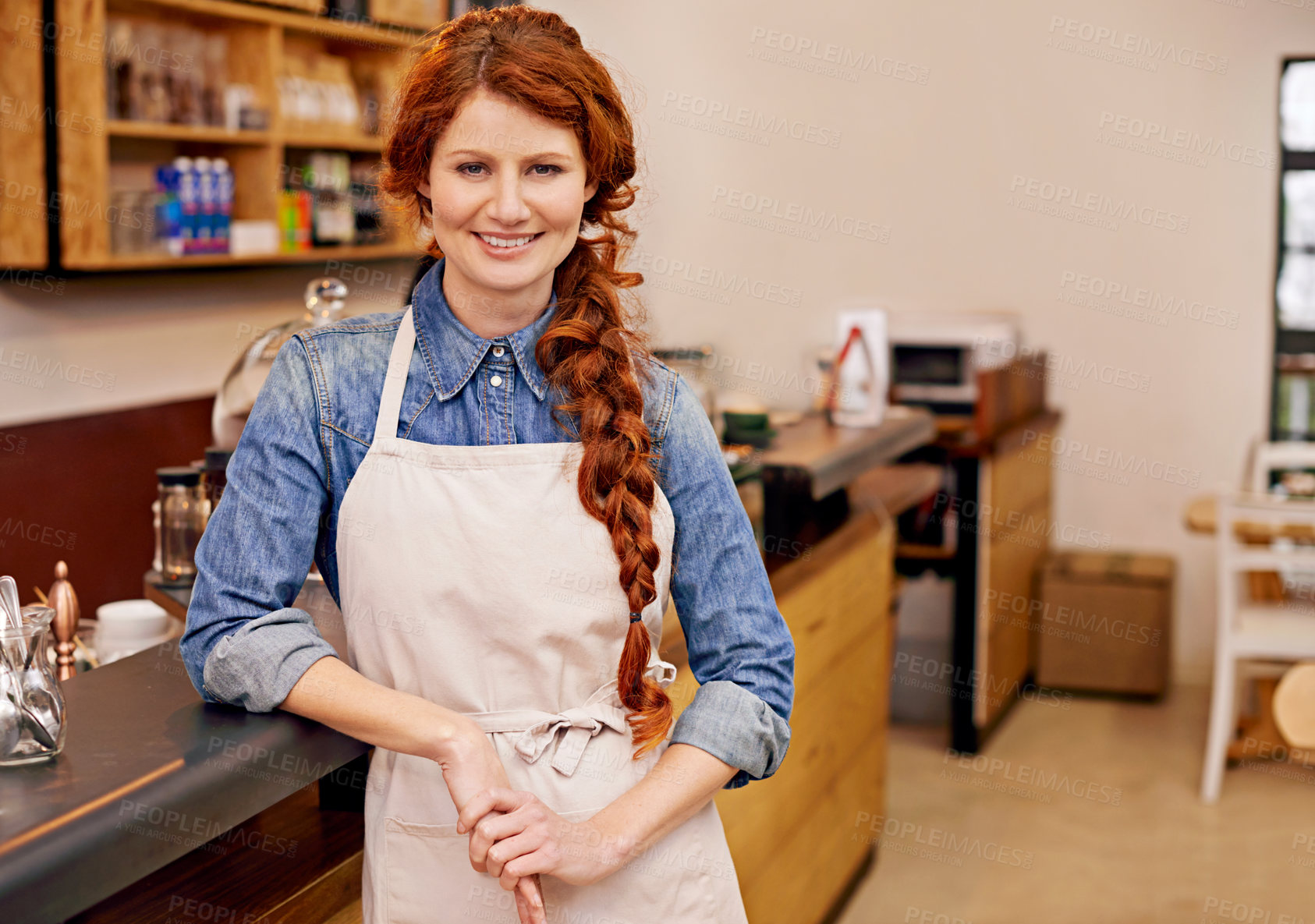 Buy stock photo Barista, woman and happy in portrait at coffee shop for career, pride or entrepreneurship. Person, waitress or small business owner at cafe with confidence for service, catering and smile in Dublin