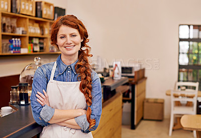 Buy stock photo Barista, woman and arms crossed in portrait at cafe with smile, pride and entrepreneurship. Person, waitress or business owner at coffee shop with confidence for service, catering and job in Dublin