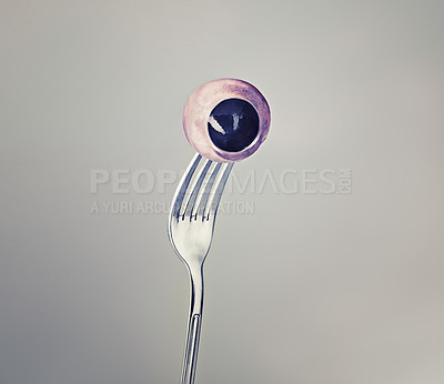 Buy stock photo Fork, eyeball and eyes as halloween concept on grey background and weird or crazy art or strange. Horror, odd and abstract of macabre eating in psychology, nightmare and object of discomfort for fear