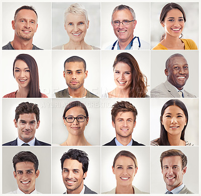 Buy stock photo Montage, face collage or portrait of happy people in a community group or society with career success. Profession headshot, profile picture or mosaic of men or women isolated on white background 