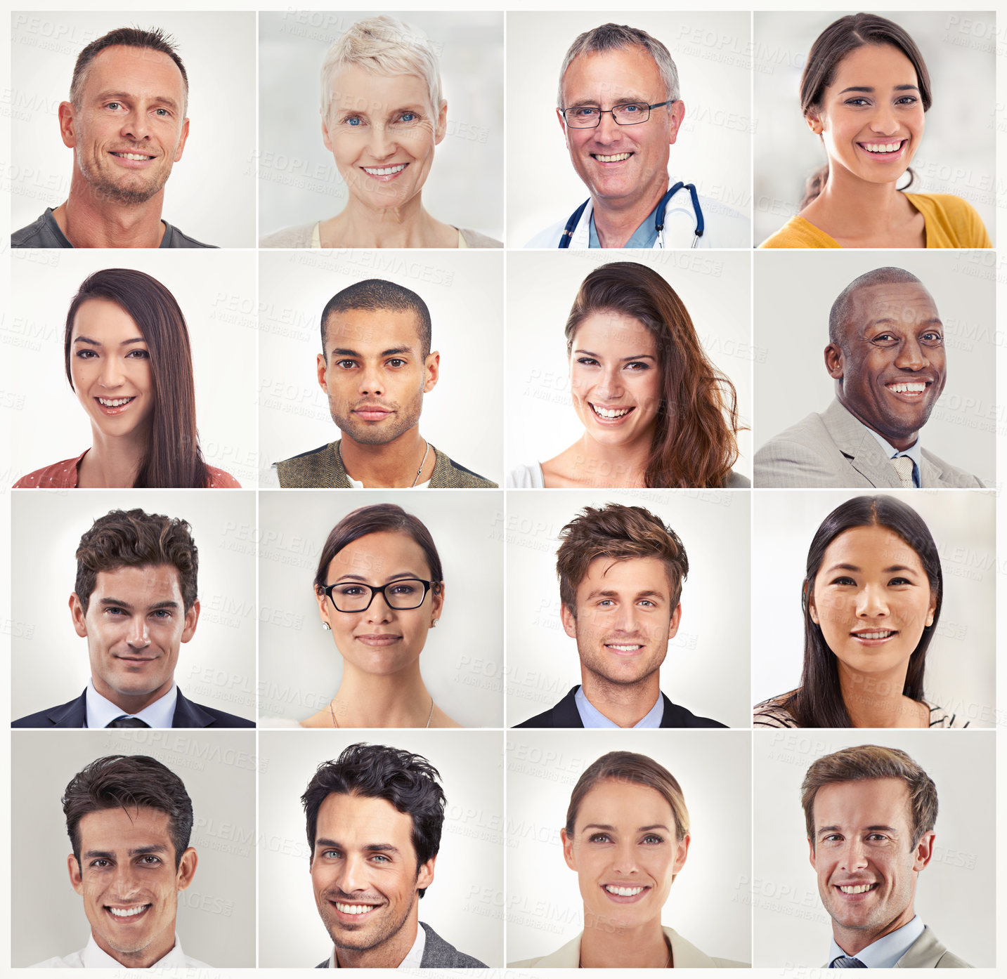 Buy stock photo Montage, face collage or portrait of happy people in a community group or society with career success. Profession headshot, profile picture or mosaic of men or women isolated on white background 