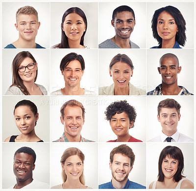 Buy stock photo Mosaic, face collage or portrait of happy people in a community group of society diversity or race. Headshot, country or montage of global men or women smile in studio isolated on white background 