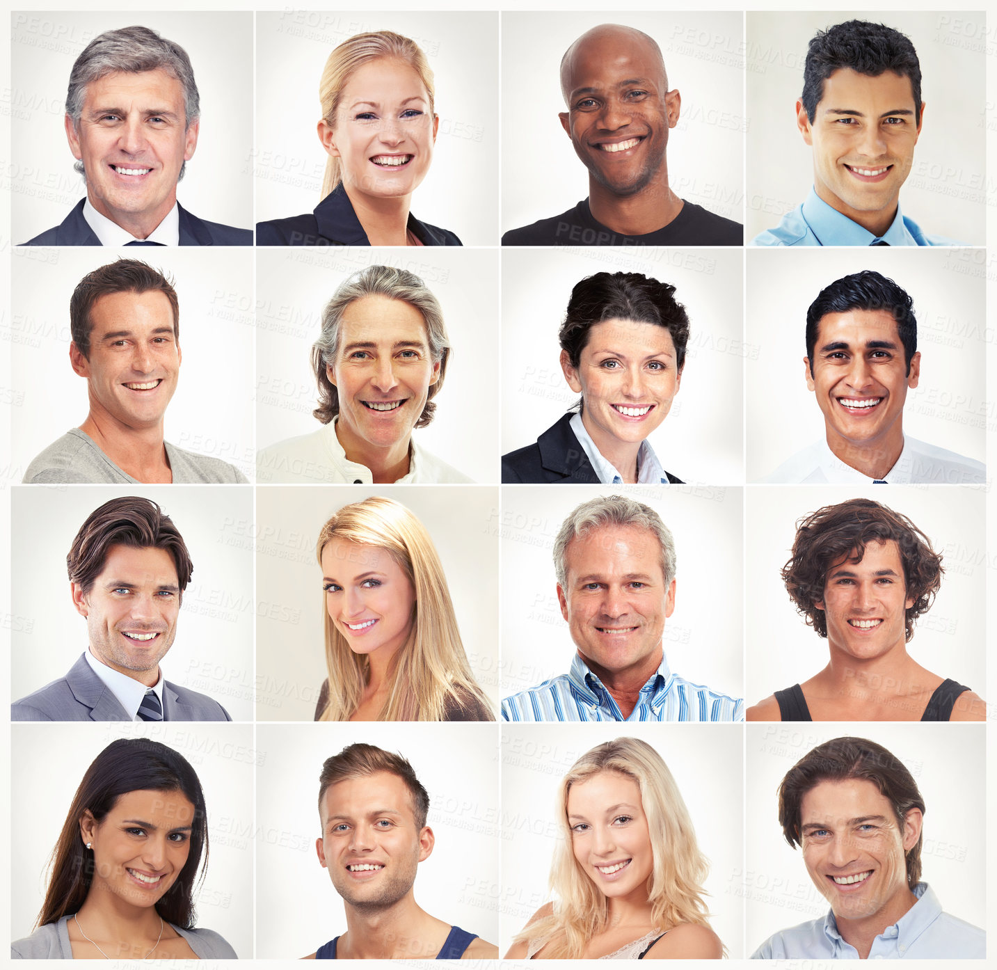 Buy stock photo Smile, face collage or portrait of happy people in community group or country with diversity. Headshot of different race, profile picture or global mosaic of men or women isolated on white background