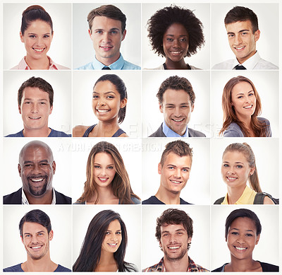 Buy stock photo Headshot, face collage or portrait of happy people in a community, mulitcultural group with diversity. Studio montage, girl student or mosaic of men or women smiling isolated on white background