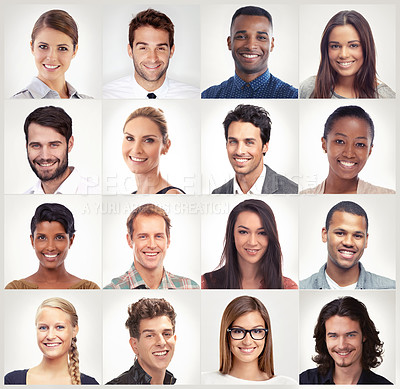 Buy stock photo Diversity, face mosaic or portrait of happy people in a community group or country with diverse races. Headshot of profile pictures, smile or collage of men or women isolated on white background 