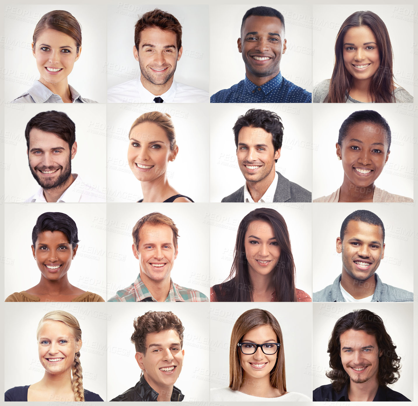 Buy stock photo Diversity, face mosaic or portrait of happy people in a community group or country with diverse races. Headshot of profile pictures, smile or collage of men or women isolated on white background 